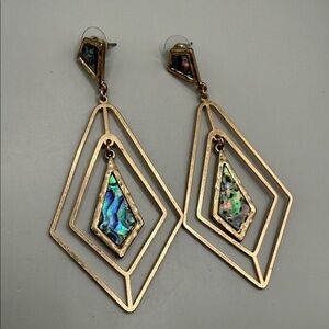 Elegant Vintage Gold Tone Abalone Shell Dangle Drop Diamond Shaped Earrings